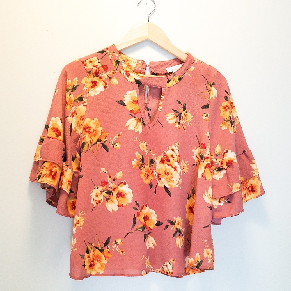 Urban Outfitters Floral Ruffle Bell Sleeve Top